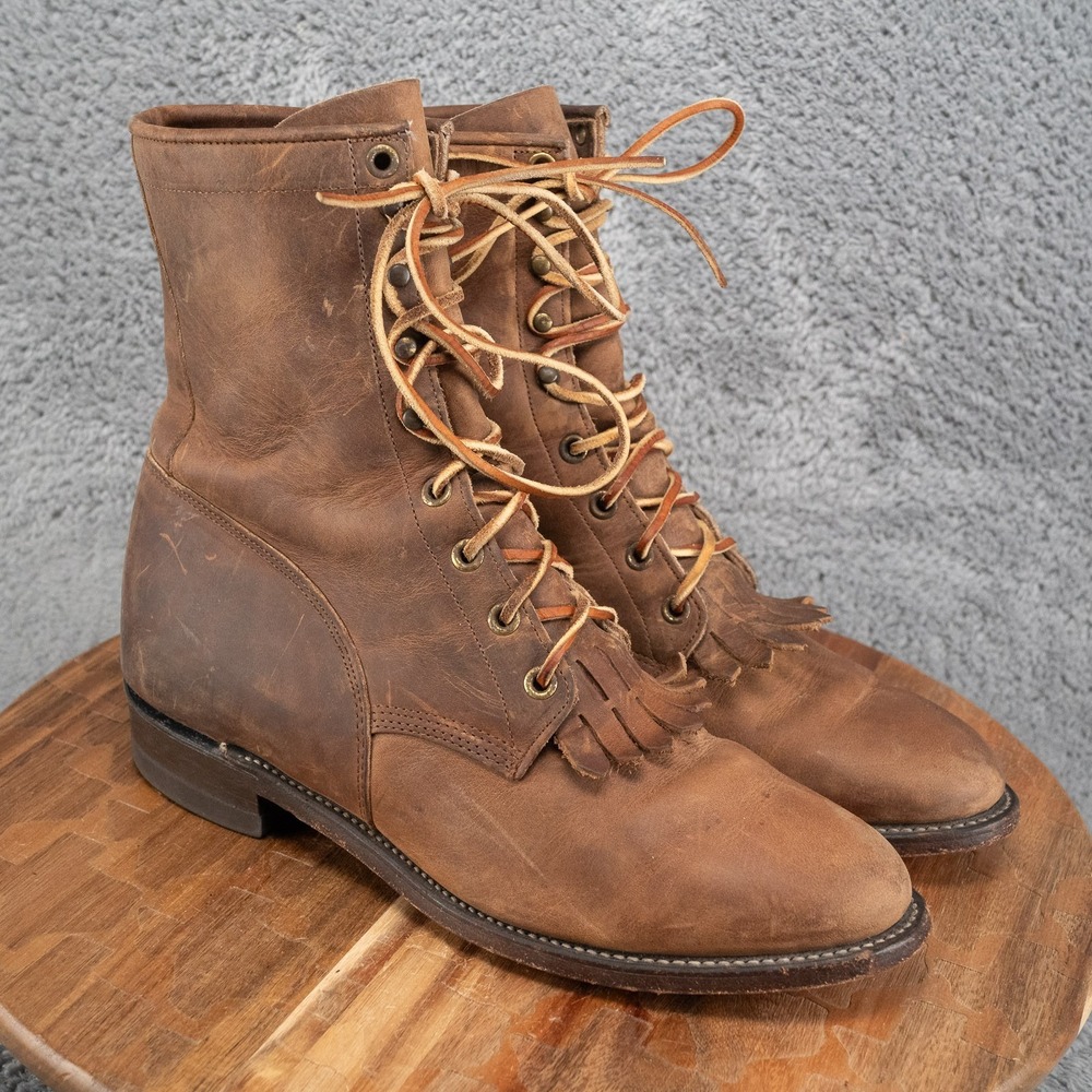 Vintage Justin 545 Lace Up Roper Boots Mens 8 D Brown Leather Made in USA
